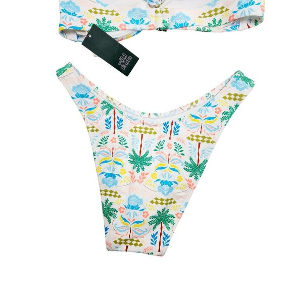Tropical Floral Print Bandeau Bikini Set Womens Hair Tie Size M - Picture 6 of 7